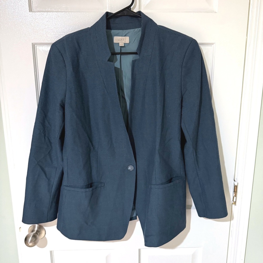Loft Outlet Womens Size 16 Blazer Teal Blue Micro Check Collarless Jacket 493268